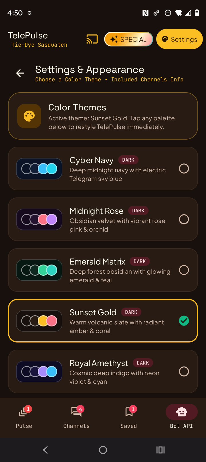 Color Themes & Settings Screen